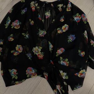 Aqua Black Floral Tie-Front Blouse with Multicolor Flowers